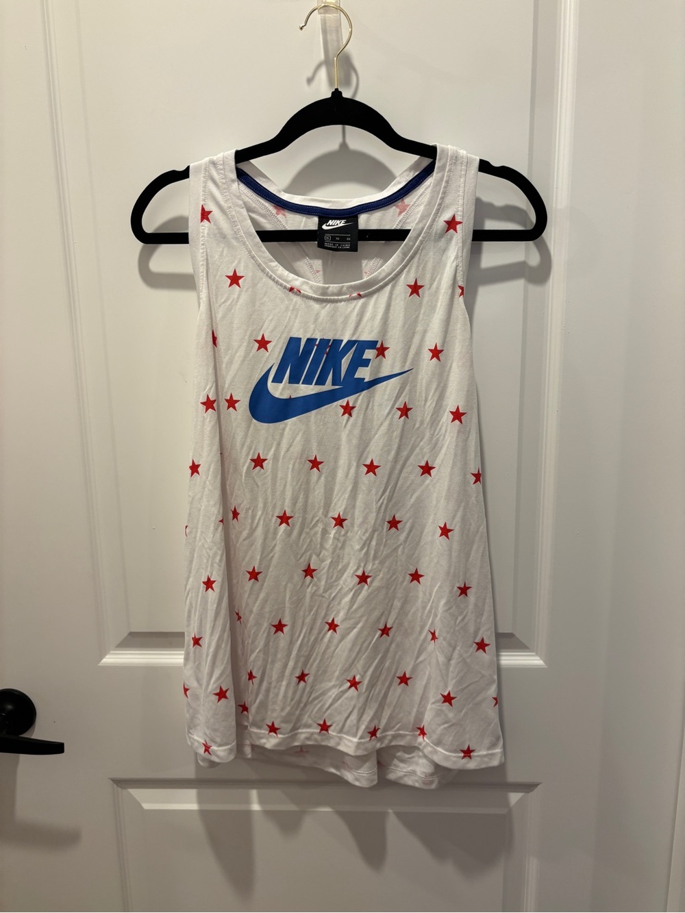 Nike White Tank Top with Blue Logo and Red Stars